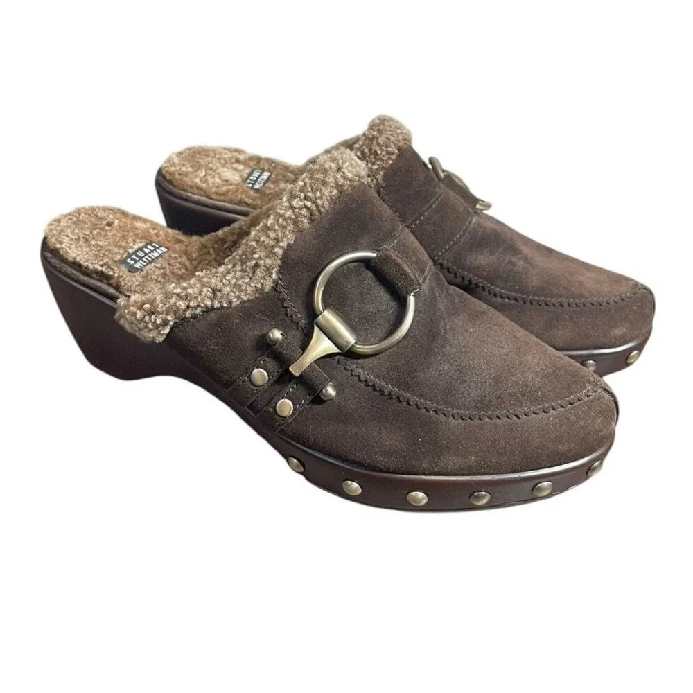 Stuart Weitzman Clogs Mule Brown Suede Sherpa Lined‎ Platform 9 Boho